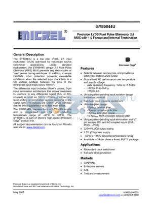 SY89844U datasheet - Precision LVDS Runt Pulse Eliminator 2:1 MUX with 1:2 Fanout and Internal Termination