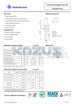 OSK5DK71A1B datasheet - 2x5x7mm Rectangular Pink LED