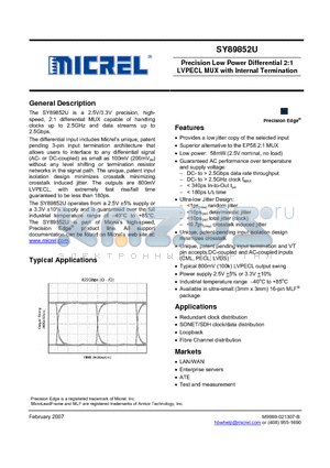 SY89852U datasheet - Precision Low Power Differential 2:1 LVPECL MUX with Internal Termination