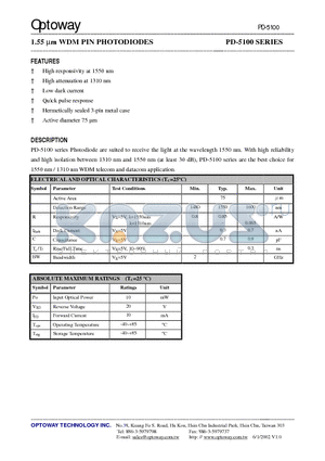 PD-1105 datasheet - 1.55 lm WDM PIN PHOTODIODES