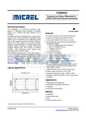 SY89852UMGTR datasheet - Precision Low Power Differential 2:1