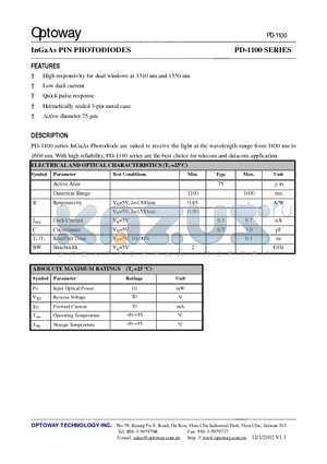 PD-1105-150 datasheet - InGaAs PIN PHOTODIODES