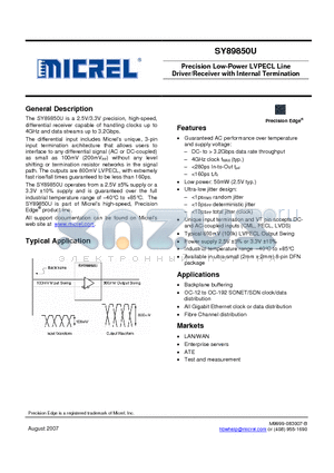 SY89850UMGTR datasheet - Precision Low-Power LVPECL Line