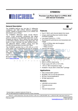 SY89853U datasheet - Precision Low-Power Dual 2:1 LVPECL MUX with Internal Termination