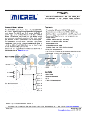 SY898535LKY datasheet - Precision Differential 3.3V, Low Skew, 1:4 LVCMOS/LVTTL -to-LVPECL Fanout Buffer