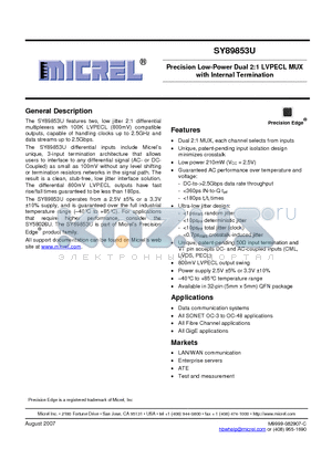 SY89853U datasheet - Precision Low-Power Dual 2:1 LVPECL MUX