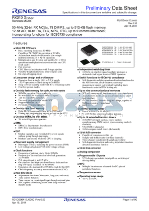 R5F52105ADFF datasheet - 50-MHz 32-bit RX MCUs, 78 DMIPS, up to 512-KB flash memory, 12-bit AD, 10-bit DA