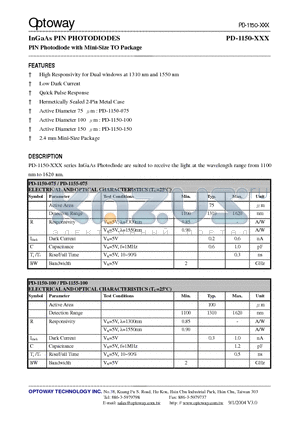 PD-1150-075 datasheet - InGaAs PIN PHOTODIODES PIN Photodiode with Mini-Size TO Package