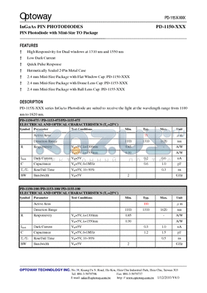 PD-1150-075 datasheet - InGaAs PIN PHOTODIODES PIN Photodiode with Mini-Size TO Package