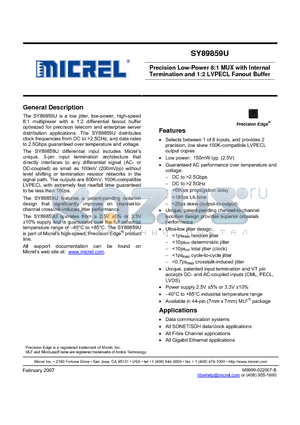 SY89859UMG datasheet - Precision Low-Power 8:1 MUX with Internal Termination and 1:2 LVPECL Fanout Buffer