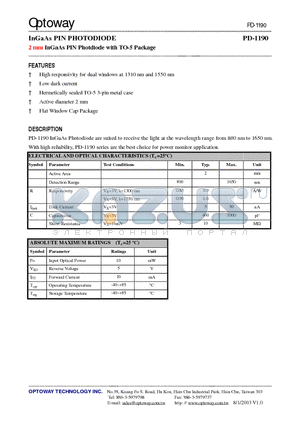 PD-1190 datasheet - InGaAs PIN PHOTODIODE 2 mm InGaAs PIN Photdiode with TO-5 Package