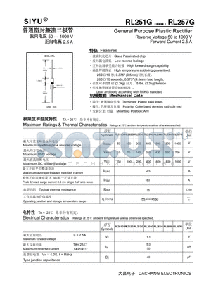 RL257G datasheet - General Purpose Plastic Rectifier Reverse Voltage 50 to 1000 V Forward Current 2.5 A