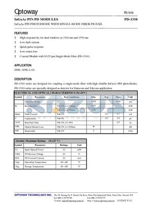 PD-1300-HFA datasheet - InGaAs PIN PD MODULES InGaAs PIN PHOTODIODE WITH SINGLE-MODE FIBER PIGTAIL