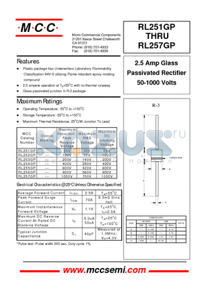 RL257GP datasheet - 2.5 Amp Glass Passivated Rectifier 50-1000 Volts