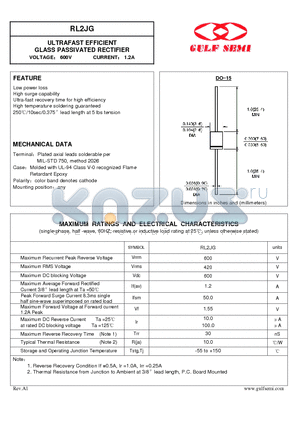 RL2JG datasheet - ULTRAFAST EFFICIENT GLASS PASSIVATED RECTIFIER VOLTAGE 600V CURRENT 1.2A