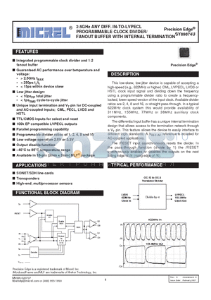 SY89874U datasheet - 2.5GHz ANY DIFF. IN-TO-LVPECL PROGRAMMABLE CLOCK DIVIDER/FANOUT BUFFER WITH INTERNAL TERMINATION