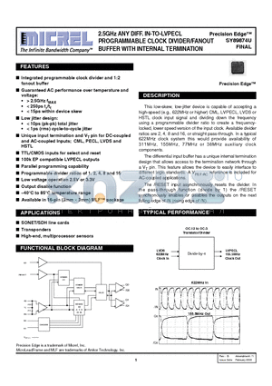 SY89874UMI datasheet - 2.5GHz ANY DIFF. IN-TO-LVPECL PROGRAMMABLE CLOCK DIVIDER/FANOUT BUFFER WITH INTERNAL TERMINATION