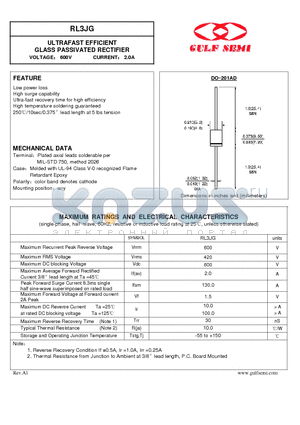 RL3JG datasheet - ULTRAFAST EFFICIENT GLASS PASSIVATED RECTIFIER VOLTAGE 600V CURRENT 2.0A