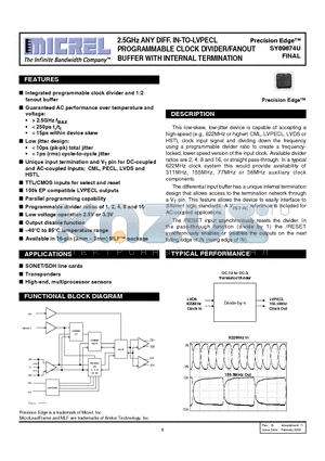 SY89874U datasheet - 2.5GHz ANY DIFF. IN-TO-LVPECL PROGRAMMABLE CLOCK DIVIDER/FANOUT BUFFER WITH INTERNAL TERMINATION