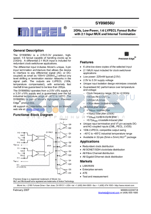 SY89856UMGTR datasheet - 2GHz, Low-Power, 1:6 LVPECL Fanout Buffer with 2:1 Input MUX and Internal Termination