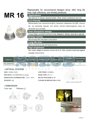 OSLA03X3W00 datasheet - Replaceable for conventional halogen lamp, offer long life time, high efficiency