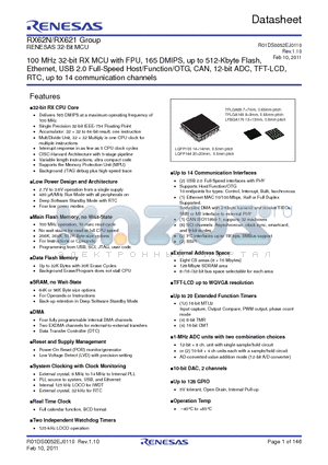 R5F56216BDBG datasheet - 100 MHz 32-bit RX MCU with FPU, 165 DMIPS, up to 512-Kbyte Flash, Ethernet, USB 2.0