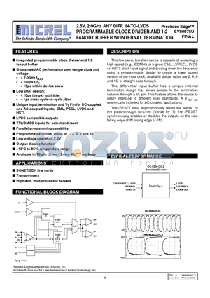 SY89875UMITR datasheet - 2.5V, 2.0GHz ANY DIFF. IN-TO-LVDS PROGRAMMABLE CLOCK DIVIDER AND 1;2 FANOUT BUFFER W/ INTERNAL TERMINATION