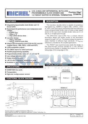 SY89876L datasheet - 3.3V, 2.0GHz ANY DIFFERENTIAL IN-TO-LVDS