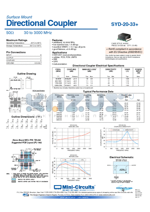 SYD-20-33+ datasheet - Directional Coupler 50Y 30 to 3000 MHz