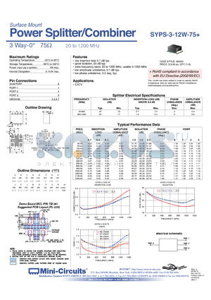 SYPS-3-12W-75+ datasheet - Power Splitter/Combiner