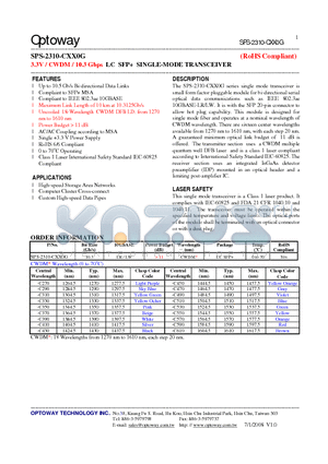 SPS-2310-CXX0G datasheet - 3.3V / CWDM/ 10.3 Gbps LC SFP SINGLE-MODE TRANSCEIVER