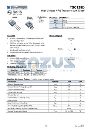 TSC128DCMRN datasheet - High Voltage NPN Transistor with Diode