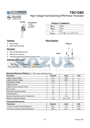 TSC128DCZ datasheet - High Voltage Fast-Switching NPN Power Transistor