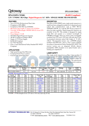 SPS-2310W-CXX0G datasheet - 3.3V / CWDM/ 10.3 Gbps Digital Diagnostic LC SFP SINGLE-MODE TRANSCEIVER