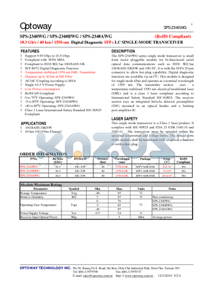 SPS-2340AWG datasheet - 10.3 Gb/s / 40 km / 1550 nm Digital Diagnostic SFP LC SINGLE-MODE TRANSCEIVER