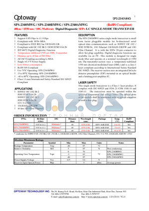 SPS-2340MWG datasheet - 40km / 1550 nm / 10G Multirate Digital Diagnostic SFP LC SINGLE-MODE TRANSCEIVER