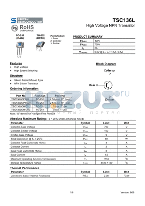 TSC136LCHC5G datasheet - High Voltage NPN Transistor