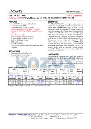 SPS-2340W-CXX0G datasheet - 10.3 Gbps / CWDM / Digital Diagnostic LC SFP SINGLE-MODE TRANSCEIVER