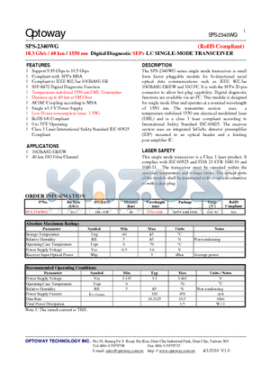 SPS-2340WG datasheet - 10.3 Gb/s / 40 km / 1550 nm Digital Diagnostic SFP LC SINGLE-MODE TRANSCEIVER