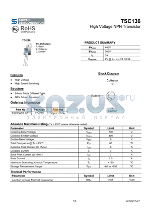 TSC136CZC0 datasheet - High Voltage NPN Transistor