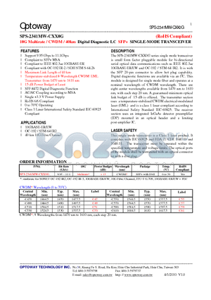 SPS-2341MW-CXX0G datasheet - 10G Multirate / CWDM / 40km Digital Diagnostic LC SFP SINGLE-MODE TRANSCEIVER