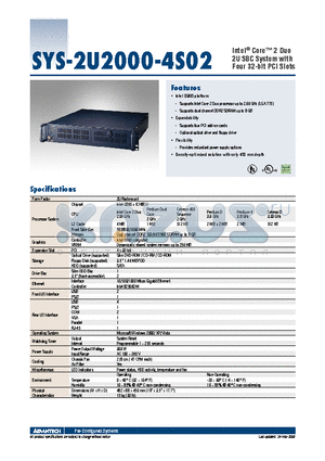 SYS-2U2000-4S02 datasheet - Intel^ Core 2 Duo 2U SBC System with Four 32-bit PCI Slots