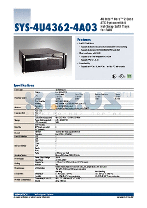 SYS-4U4362-4A03 datasheet - 4U Intel^ Core 2 Quad ATX System with 6 Hot-Swap SATA Trays for RAID