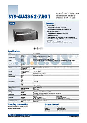 SYS-4U4362-7A01 datasheet - 4U Intel^ Core i7/i5/i3 ATX  System with 6 Hot-Swap SATA/SAS Trays for RAID