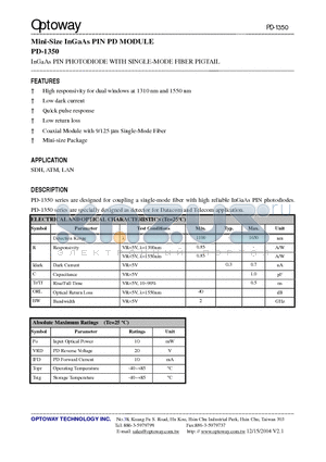 PD-1351-S datasheet - Mini-Size InGaAs PIN PD MODULE InGaAs PIN PHOTODIODE WITH SINGLE-MODE FIBER PIGTAIL