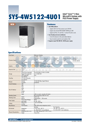 SYS-4W5122-4U01 datasheet - Intel^ Core 2 Duo MicroATX System with PS/2 Power Supply
