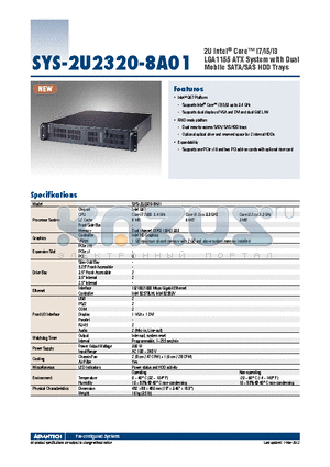 SYS-2U2320-8A01 datasheet - 2U Intel^ Core i7/i5/i3 LGA1155 ATX System with Dual Mobile SATA/SAS HDD Trays