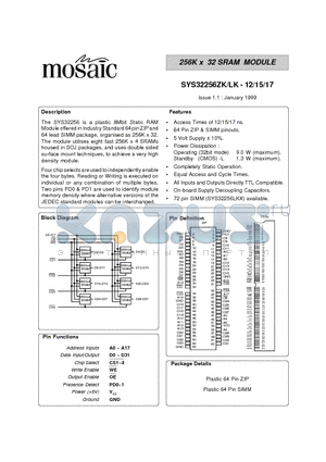 SYS32256LK-15 datasheet - 256K x 32 SRAM MODULE