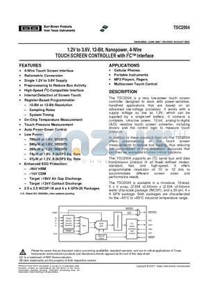 TSC2004IYZKT datasheet - 1.2V to 3.6V, 12-Bit, Nanopower, 4-Wire TOUCH SCREEN CONTROLLER with I2C Interface