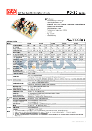 PD-25B datasheet - 25W Dual Output Switching Power Supply